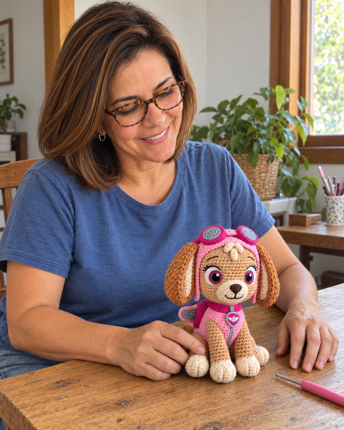 Renata segurando a A filhote mais aventureira de crochê em seu ateliê